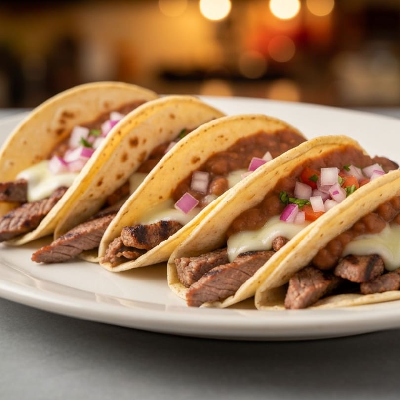 Four steak tacos with melted cheese, refried beans, and diced onions on a white plate.