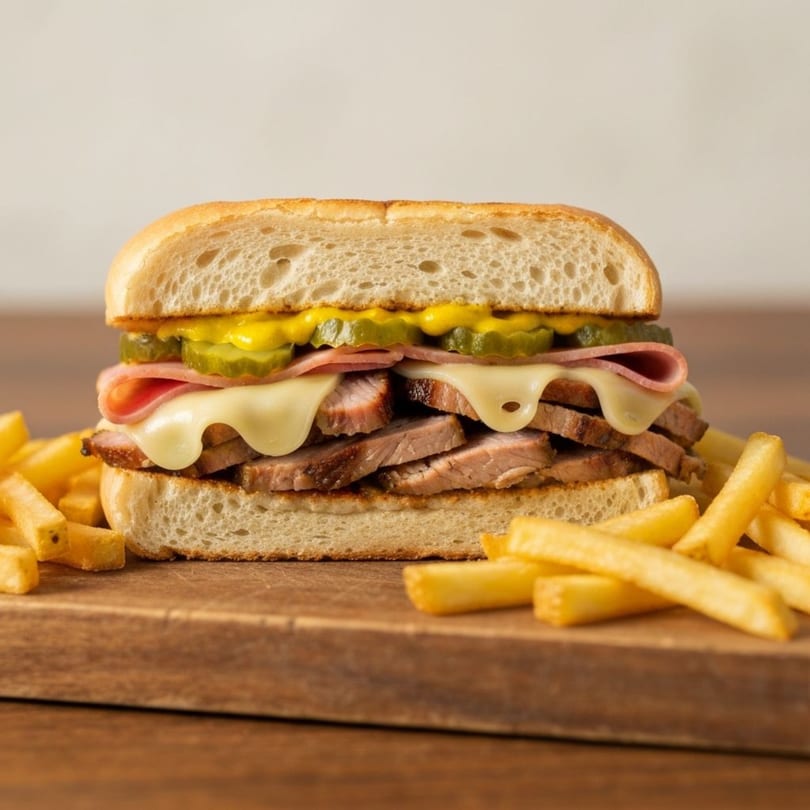Cuban sandwich with melted cheese, ham, pork, pickles, and mustard, served with fries.
