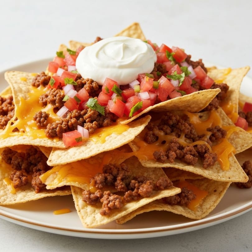 A plate of nachos with ground beef, melted cheese, diced tomatoes, onions, and a dollop of sour cream.