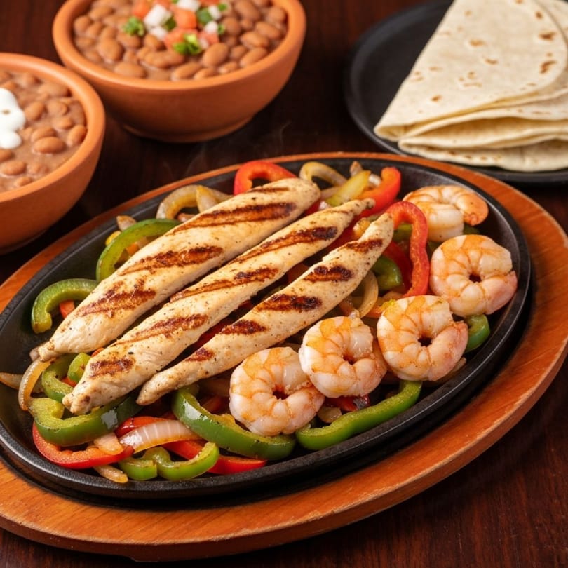 Sizzling chicken and shrimp fajitas with bell peppers and onions, served with beans and tortillas.