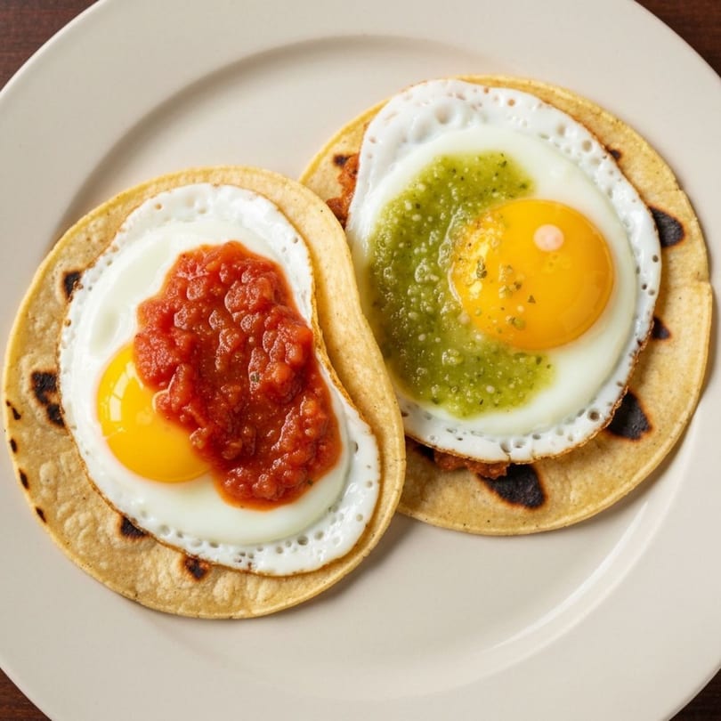 Two huevos rancheros on corn tortillas, one with red salsa and one with green salsa.